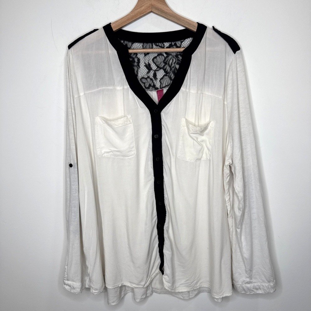 Lace Button Up Blouse Women's 2X Whimsigoth Roll Tab V Neck Office Dark Fairy